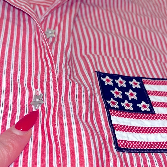 VINTAGE Karen Scott Red STRIPE Short Sleeve STARS Button Down FLAG embroidered - Picture 2 of 10